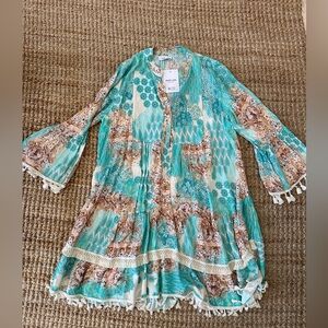 Noéline Bohemian Teal and Beige Beach Dress with Tassels NWT made in Italy